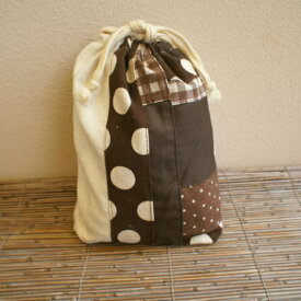 【入園準備】ベージュと茶ドットストライプパッチワークオリジナル巾着袋