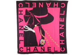 シャネル レア 85cm 大判 スカーフ シルク100% マドモワゼル ココ グリポア パール ビジュー ロゴ ピンク 美品 CHANEL 7352k