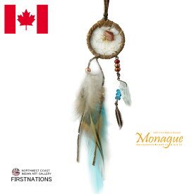 ドリームキャッチャー 本物 オジブア族 インディアン ハンドメイド 1インチ 2.5cm 茶系＋ターコイズフェザー＆クオーツクリスタル