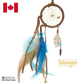 ドリームキャッチャー 本物 オジブア族 インディアン ハンドメイド 2インチ 5cm 茶系＋ターコイズフェザー＆クオーツクリスタル