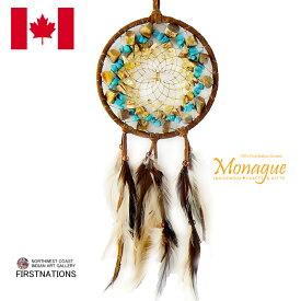 ドリームキャッチャー 本物 オジブア族 インディアン ハンドメイド 4インチ10cm ビジョンシーカー クラスター カナダ先住民お守り茶色