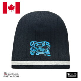 ニットキャップ 帽子 ビーニー インナーフリース素材 カナダ 先住民 ネイティブ インディアン デザイン Thunderbird サンダーバード 黒