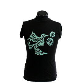 インディアンアート Tシャツ レディース 女性用 カナダ 先住民 ネイティブ デザイン Hummingbird ハチドリ ブラック S-L ティーシャツ