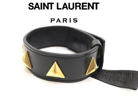 ★M◆Saint Laurent◆黒レザー×ゴールドスタッズバングル【サンローラン】