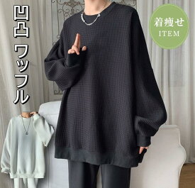 【 1000円 ～ 送料無料 】 ワッフル 生地 tシャツ メンズ トップス ロンt カットソー 長袖 クルーネック 無地 白 黒 オーバーサイズ メンズtシャツ ゆったり 大きいサイズ 服 ロンティー インナー 10代 20代 30代 40代 50代 サーマル KA04