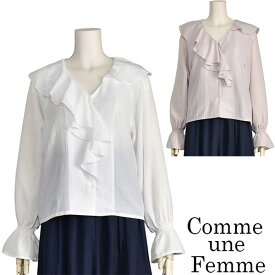 フリル ブラウス レディース アシンメトリー カラー 長袖 きれいめ 白 ホワイト ピンク Comme une Femme 上品【40代 50代 ファッション】