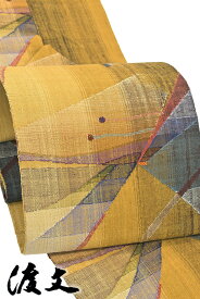 【ショップ評価★5ありがとう♪】着物だいやす SALE247■八寸名古屋帯■西陣織老舗　渡文　紬　抽象文　黄土色【正絹】【仕立て上がり帯】【送料無料】【中古】