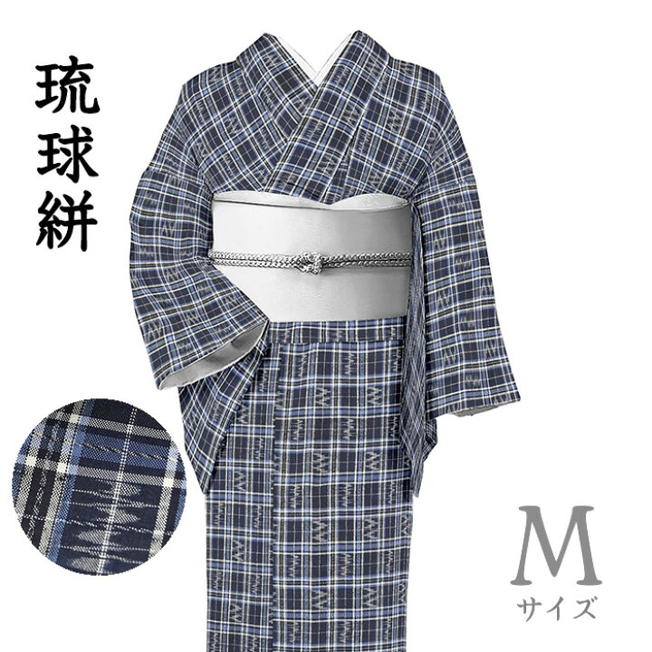藍色 絣柄の横段 しつけ糸 裄65 正絹 広襟 袷 IS1009☆（楽天市場 