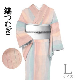 【ショップ評価★5ありがとう♪】着物だいやす 238■紬■経絣　よろけ縦縞文　ピンク×水色　身長サイズ：L【正絹】【仕立て上がり着物】【送料無料】【中古】