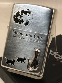 ジッポーライター： Zippo Cat ネコ // ムーン＆キャット // シルバー #2SIM-MOONCAT 猫 ねこ レギュラー 肉球 しっぽ メタル張り エッチング ☆カワイイ!!☆ 【楽ギフ_包装】 母の日 父の日 ジッポ ジッポー 【ライター】 【ダルマヤ】 送料無料