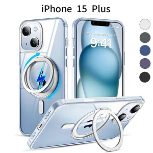 iPhone 15Plus �P�[�X MagSafe�Ή� 360�x��]�����O�X�^���h �N���A �ϏՌ� �y��