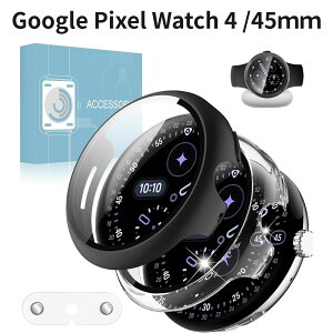 Google Pixel Watch 4 /45mm �P�[�X �K���X�t�B������̌^ 2���Z�b�g �S�ʕی� �ϏՌ� �����ߗ� �w��h�~ �[�d�Ή� �ی�J�o�[ �u���b�N+�N���A