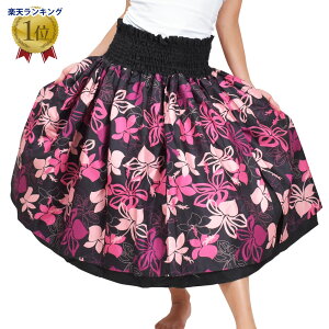 【即納】フラダンス衣装 ダブルパウスカート ハイビスカス プルメリア hula pau レッスン 練習着 フラ用 ダンス衣装 黒 JA5793 レディース 5本ゴム 裏地なし ウエストゴム ブラックxピンク 65cm丈-