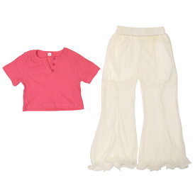 【即納】子供服 セットアップ 半袖tシャツ ダンスパンツ 2点セット ダンス衣装 シースルーフレアパンツ 女の子 可愛い キッズ /ジュニア/リブ/薄地/無地/ウエストゴム 120cm-130cm-140cm-150cm CB28H02 [M便 3/4] 20cp