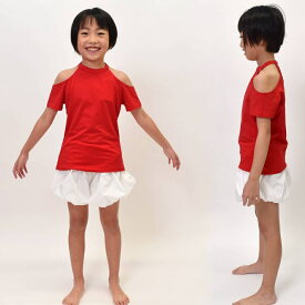 【即納】肩あきトップス ダンストップス オープンショルダー 無地 ダンス衣装 子供服 Tシャツ 半袖 丸首 BC110H7 女の子 ヒップホップ チア ジュニア/キッズ/ストレッチ素材 レッド/ホワイト キッズM(目安120〜130cm)-キッズL(目安130〜140cm) [M便 1/3]