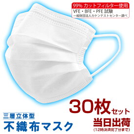 当日出荷　在庫あり　送料無料　マスク　使い捨て 30枚セット ホワイト 普通サイズ 大人用　不織布 予防 対策 花粉　立体3層不織布 高密度フィルター