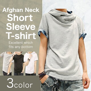 Tシャツメンズパーカー半袖無地アフガンネックトップスコーデグレー黒白春夏秋メンズファッション