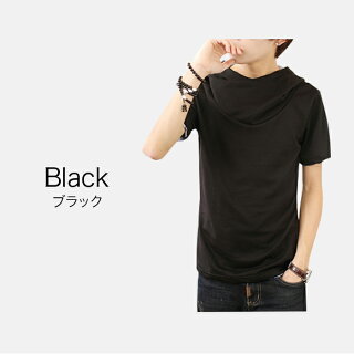 Tシャツメンズパーカー半袖無地アフガンネックトップスコーデグレー黒白春夏秋メンズファッション