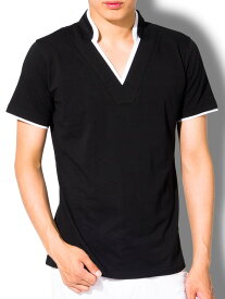 tシャツ メンズ 半袖 Vネック ポロシャツ レイヤード スタンドカラー 無地 襟袖ライン キレイめ カジュアル トップス 黒 白 M L XL