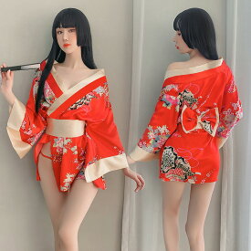 コスプレ 花魁 着物 浴衣 和服 3点セット 花柄 サテン 和風 和装 着物ドレス ゆかた おいらん ミニ ドレス セクシー コスチューム 衣装 パーティー レディース 女性 大人 可愛い セクシー 夜用 エロ エロい 男ウケ キャバドレス オフショルダー ハロウィン