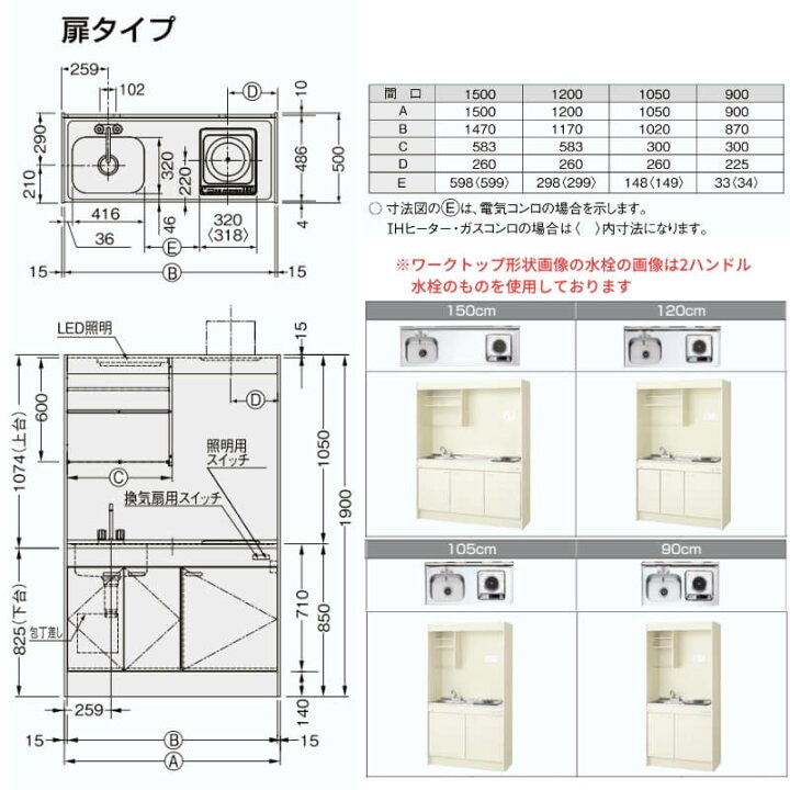 楽天市場】ミニキッチン 間口120cm フルユニット 扉タイプ コンロなし 