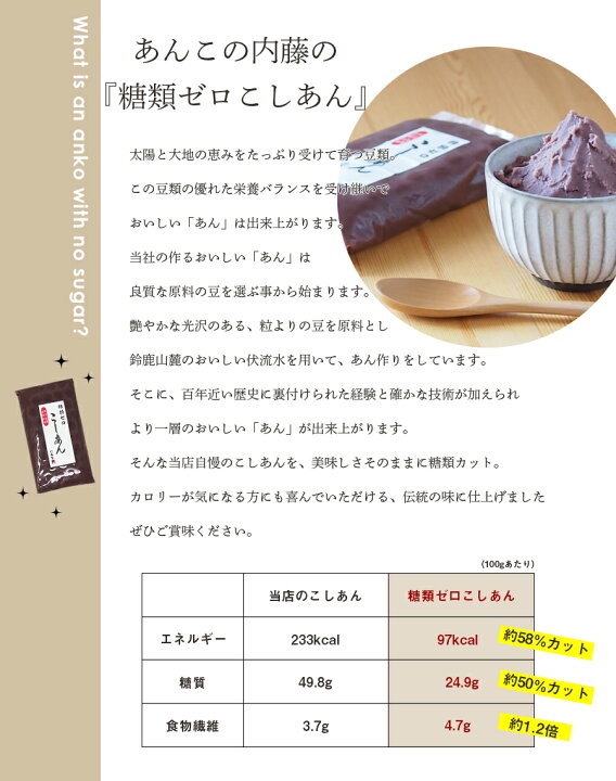 楽天市場 糖類ゼロ こしあん 500g 糖質制限 シュガーカット ダイエット あんこ 和菓子 小倉トースト おはぎ ぜんざい などに あんこの内藤
