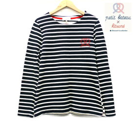 【PETIT BATEAU×KITSUNE】プチバトー×キツネ バスクシャツ ボーダー柄 カットソー サイズS ネイビー×ホワイト 120周年記念 フランス製 レディース 女性用 コットン RM0843 【中古】