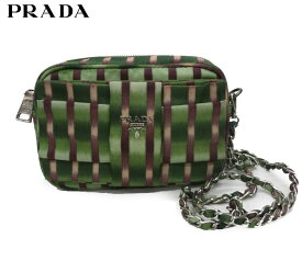 【PRADA】プラダ サテン リボン チェーンショルダーバッグ ストライプ ミニショルダー ミニバッグ グリーン系 【中古】FF2037