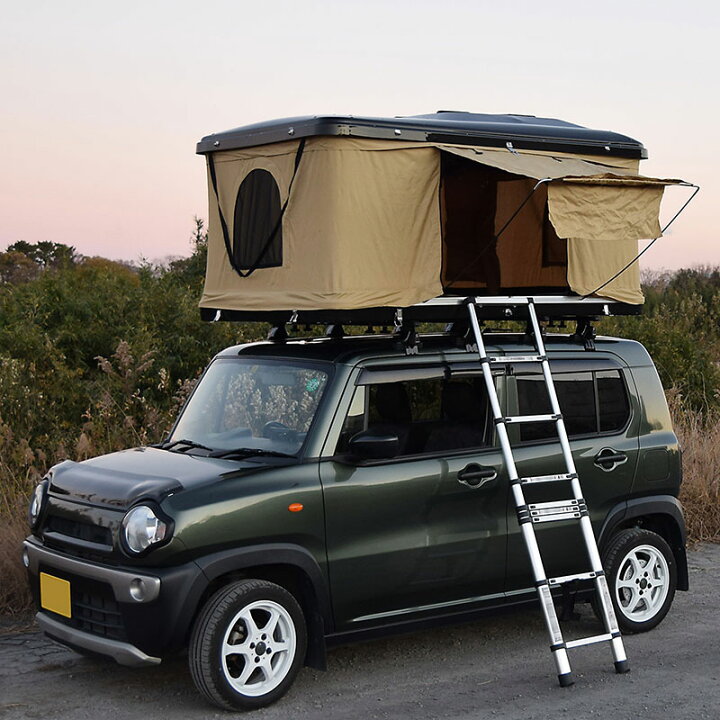 楽天市場 即納 ルーフテント タワー型 車用 ブラックハードシェル ベージュ グレー テント生地 車中泊 オートキャンプ ソロキャンプ 軽キャンパー キャンピングカー アウトドア ルーフトップテント ハシゴ付 マットレス付 Ledライト付 E Mono Plus 楽天市場店