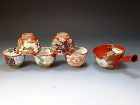 京焼・清水焼　急須茶器揃　トウア590　赤塗五草花【送料無料】