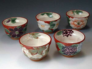 京焼・清水焼 お茶呑茶碗 トウア004 赤塗五草花 5客【送料無料】