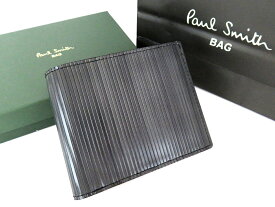 【中古】正規品 Paul Smith ポールスミス メンズ 二つ折り財布 ストライプ プリ―テッド 牛革 グレー PSP182 外箱付【送料無料】
