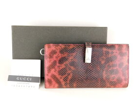 【中古】正規品 GUCCI グッチ 長財布 札入れ レザー 革製 パイソン ヘビ革 レッド 赤系 外箱付き【送料無料】