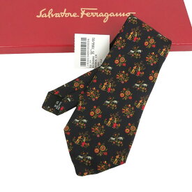 【中古】正規品 Salvatore Ferragamo サルヴァトーレ・フェラガモ ネクタイ シルク100% ブラック ボタニカル 木 動物 イタリア製 外箱付き【送料無料】