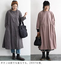 ワンピースコーデュロイサイドギャザー2WAYワンピース/綿100%シンプル無地長袖ロングクルーネック体型カバー大人ナチュラルMs,Ls,/コットン秋冬レディース1920AW1018,x03,