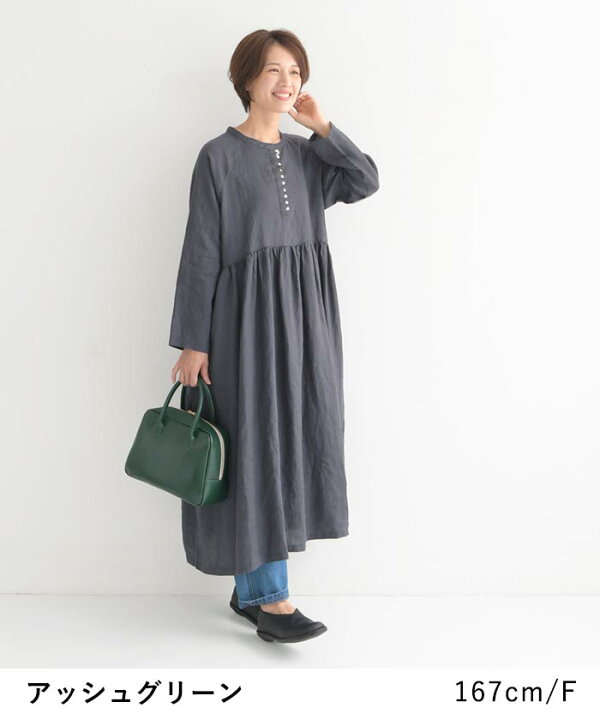 楽天市場】08Mab 14番手リネン ワンピース ウエストギャザー切替 多  