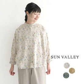 【5日限定！要エントリー！最大100％バック】 SUN VALLEY ボタニカル柄 ドルマンシャツ 綿麻 コットンリネン ノーカラー／カジュアル ナチュラル サンバレー 長袖 ブラウス ドルマン レディース エコロコ sel, Ms,／-50代 ブラウス- 秋 冬 23AW1004,