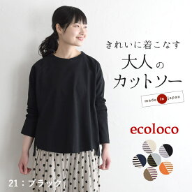 綿100% カットソー コットン レディース 長袖 日本製 ボーダーTシャツ／ 着後レビューでクーポン☆ カジュアル トップス ロンT ラグラン プルオーバー 体型カバー おしゃれ エコロコ e+ Ms,Ls,LL,3L,／大きいサイズ 24AW0830R, c14,