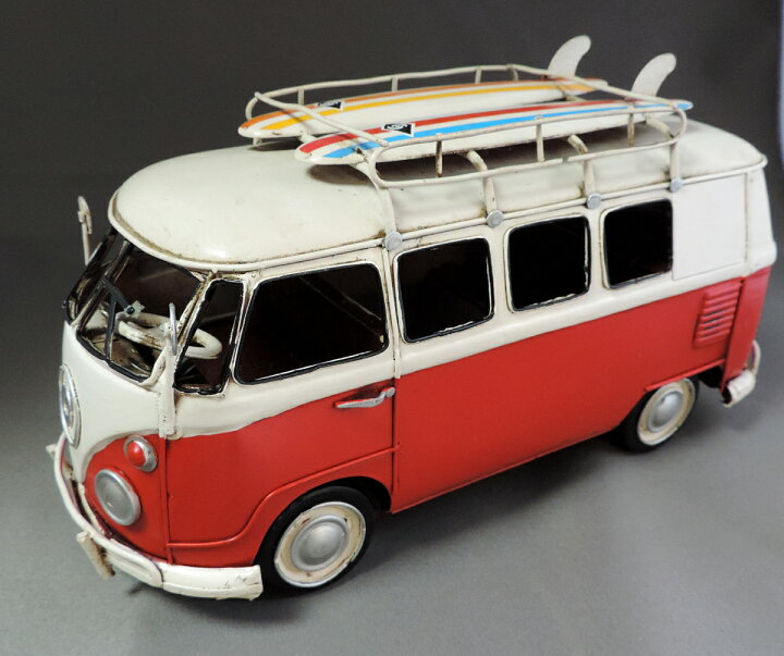 楽天市場 ワーゲンワゴン風 ブリキおもちゃ ワーゲンバス風 レトロ 車 ビンテージカー 置物 飾り サーフィンボード付き レッドツートーン ビーチインテリア ヴィンテージ加工 メタル Vans サーフボード カーぶりき送料無料 エヒラ家具e Flat楽天市場支店