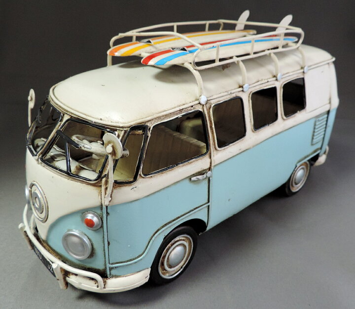 楽天市場 ワーゲンワゴン風 ブリキおもちゃ ワーゲンバス風 レトロ 車 ビンテージカー 置物 飾り サーフィンボード付き ブルーツートーン ビーチインテリア ヴィンテージ加工 メタル Vans サーフボード カーぶりき送料無料 エヒラ家具e Flat楽天市場支店
