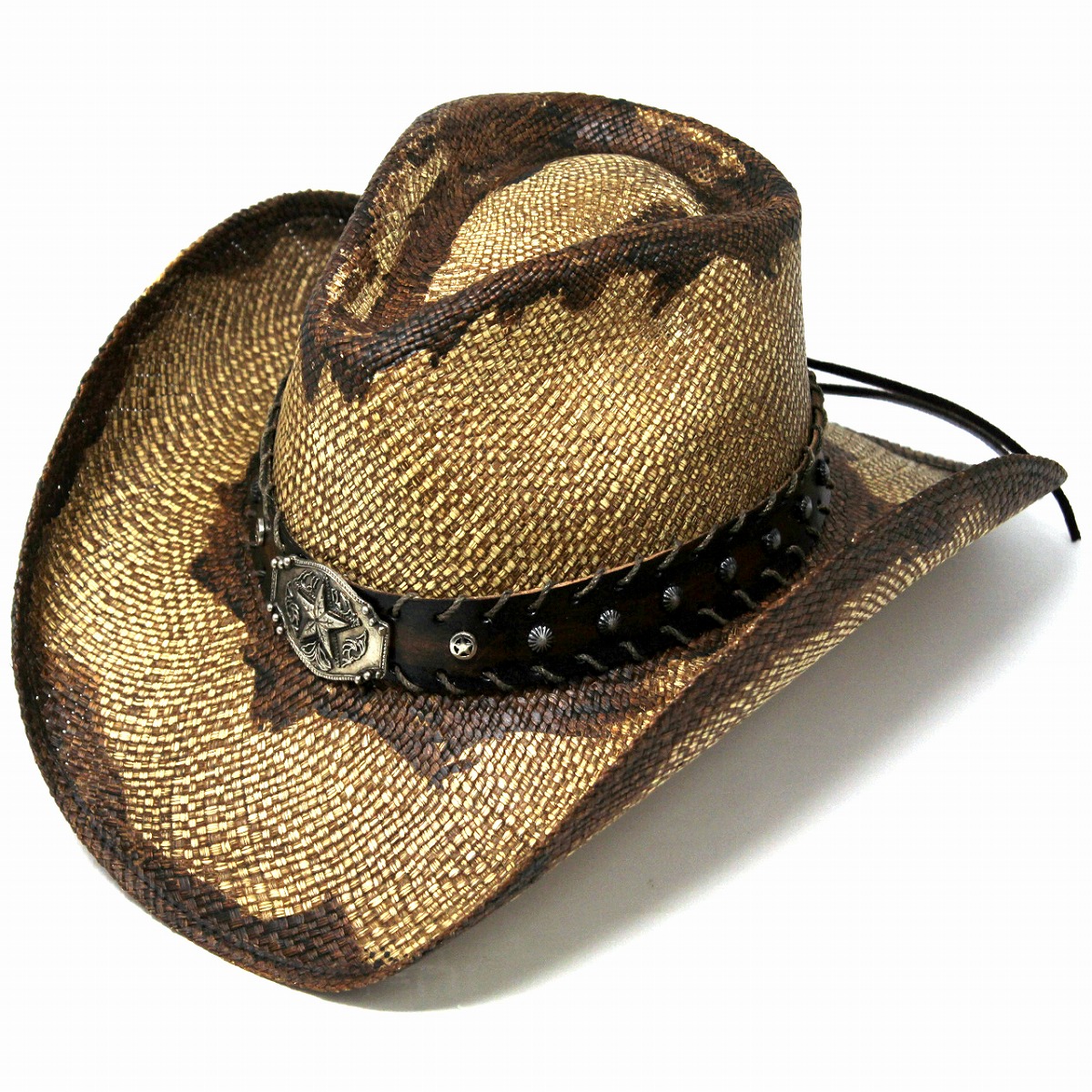 注目ブランド パナマハット カウボーイ 茶色 スター バックル ベルト ウエスタンハット メンズ 星 スタッズ 帽子 日除け テンガロン ストローハット California Hat Company Inc カウボーイ ハット 春夏 ウエスタン ワイヤー入り ブラウン Cowboy Hat Panama Hat