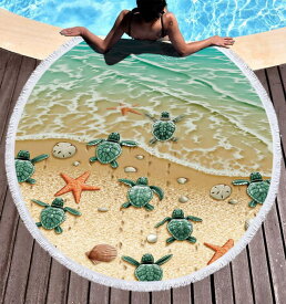 【送料無料！】【夏休み！】【トロピカルデザイン　ラウンドビーチマット、シート】【丸くて大きなタオル生地　ビーチマット＜海亀＆ヒトデ柄：サイズ直径約150cm＞【 夏　 海　 プール】【円形　サークル　3D】