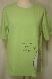 【半袖！】レディス　綿100％　前身頃　ロゴ＆イラスト（恐竜）プリント　半袖　Tシャツ＜グリーン：M・L（2サイズ展開）＞】夏・綿100％・コットン素材　グリーン　白　Tシャツ