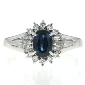 Pt900 プラチナ リング サファイア 0.83ct ダイヤモンド 0.28ct 取り巻き オーバル バゲット 指輪 15号【新品仕上済】【zz】【中古】【送料無料】