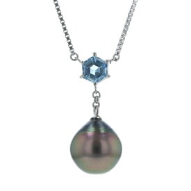 Pt900 Pt850 プラチナ ネックレス ブラックパール 黒蝶真珠 10.0mm アクアマリン 六角形 スイング 46cm【新品仕上済】【zz】【中古】【送料無料】