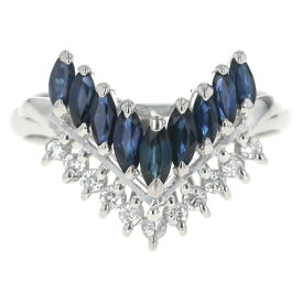 Pt900 プラチナ リング サファイア 0.99ct ダイヤモンド 0.18ct V字 マーキス 2段 デザイン 17号 指輪【新品仕上済】【zz】【中古】【送料無料】