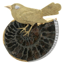 田宮千穂 K22YG K18 Pt900 ブローチ ダイヤモンド 0.24ct アンモナイト 鳥 アニマル モチーフ つや消し【新品仕上済】【zz】【中古】【送料無料】