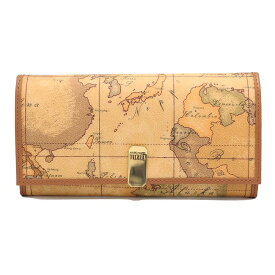 ※財布上部に日本柄あり。　PRIMA CLASSE　　プリマクラッセ　クリップ開閉式・長財布　W003 -6000　（#96jp）　世界地図柄　　ベージュ系古地図柄　世界地図柄　※実際にお送りする柄目は掲載画像1（正面）、2（裏面）の商品になります。