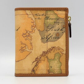 PRIMA CLASSE　　≪ プリマクラッセ ≫　W107 -6000　(#105)　ふたつ折り財布　　世界地図柄　　ブラウン　PVCx　レザー　コンパクト財布　（画像1~3枚目の柄目をお送りします。）　二つ折財布