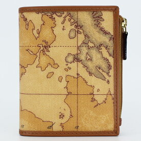 PRIMA CLASSE　　≪ プリマクラッセ ≫　W107 -6000　(#111)　ふたつ折り財布　　世界地図柄　　ブラウン　PVCx　レザー　コンパクト財布　（掲載画像1~3枚目の柄目をお送りします。）　二つ折財布